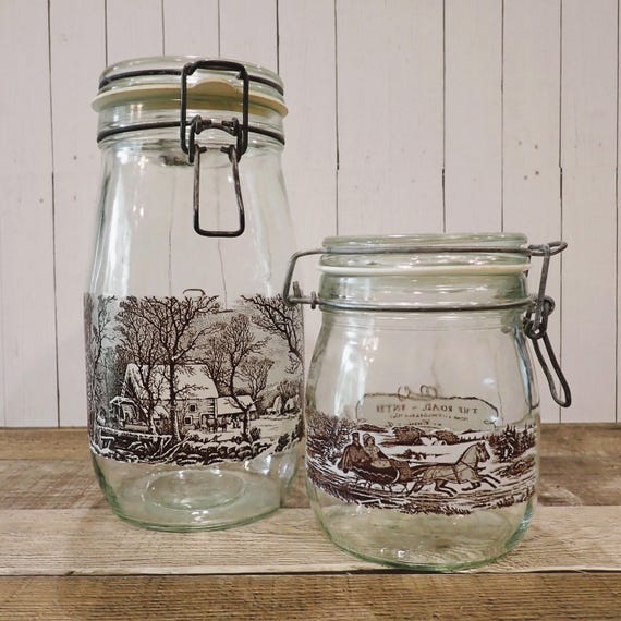Vintage Currier and Ives Canister Set of 2 Large and Small Clear Glass with Brown Colonial Winter Scenes Christmas Candy Jar