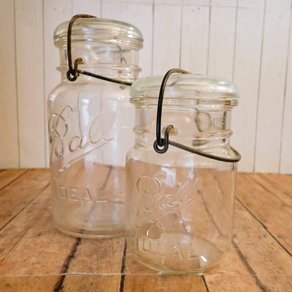Vintage Clear Glass Ball Ideal Jar with Lid and Bail Set of 2 Quart and Pint Sized Mason Jars