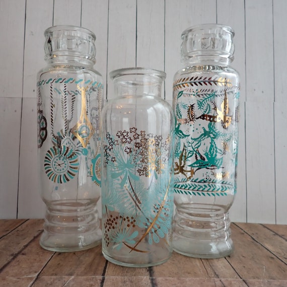 Vintage Clear Glass Bottle Vase Set of 3 with Gold and Blue Turquoise Flower Bird Clock Designs Mismatched Set