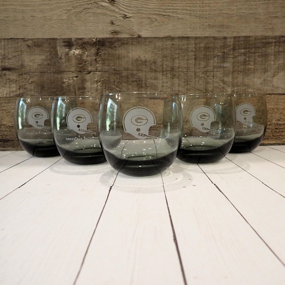 Vintage Green Bay Packers Roly Poly Highball Glasses Set of 5 Gray Old Fashioned Glasses with Frosted Logo