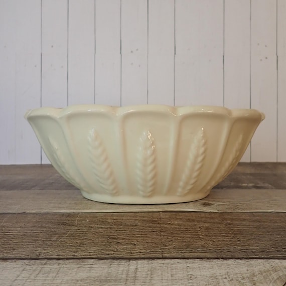 Vintage White Ceramic Oval Planter Bowl Dish with Leaf or Wheat Design and Scalloped Rim