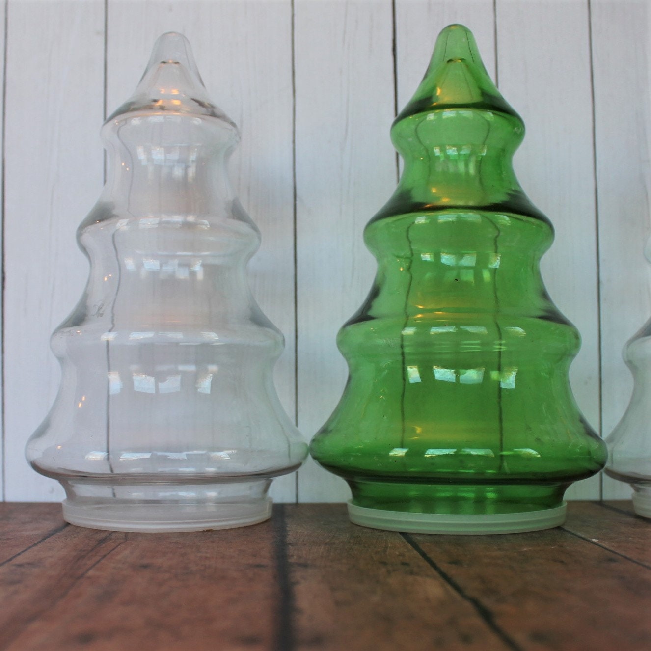 Vintage Clear and Green Glass Christmas Tree Canister Jar Container