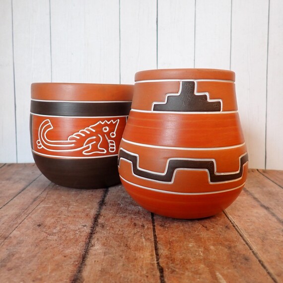 Vintage Mexican Art Pottery Vase Set of 2 Vases Orange Black White Aztec Mayan Design