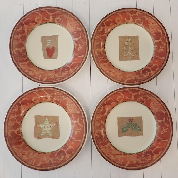 Vintage Pfaltzgraff HOLIDAY SPICE Salad Plate Set of 4 Plates Tree Star Holly Heart Designs Christmas Plates