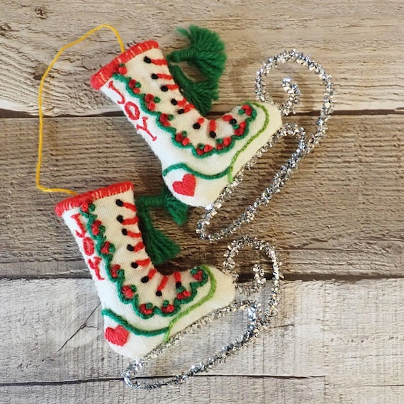 Vintage Fabric Ice Skate Ornament Set of 2 Hand Stitched Christmas Ornaments