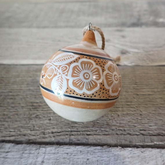 Vintage Florentino Jimon Barba Burnished Tonala Pottery Ball Ornament Signed Mexican Pottery Christmas Ornament