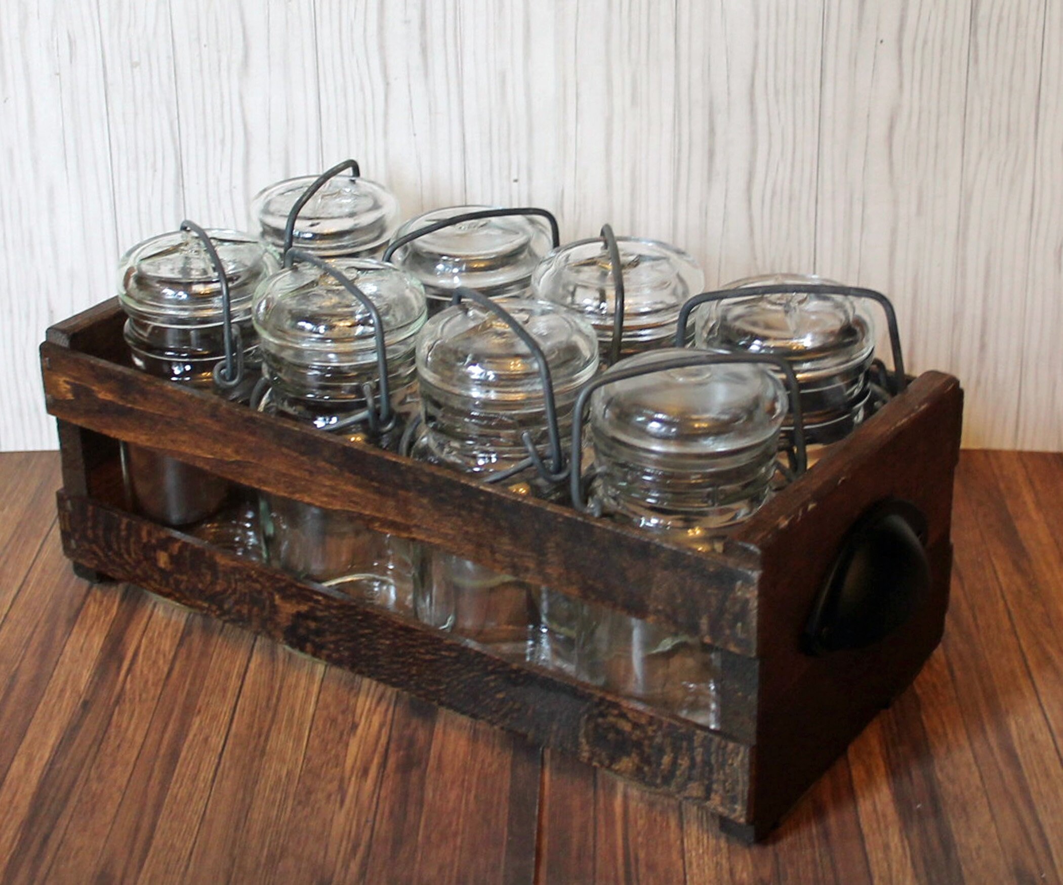 Vintage Set of 8 Clear Glass Canning Bottles with Bail and Lid Wooden ...