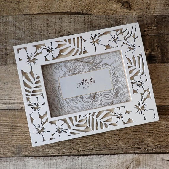Wooden Photo Picture Frame 4x6 Aloha Carved Wood Tropical Flower and Leaf Design