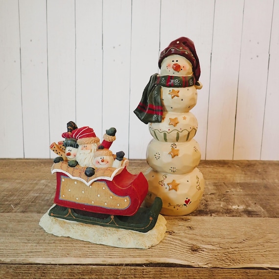 Vintage Crazy Mountain Christmas Figurines Set of 2 Sleigh with Santa and Snowman