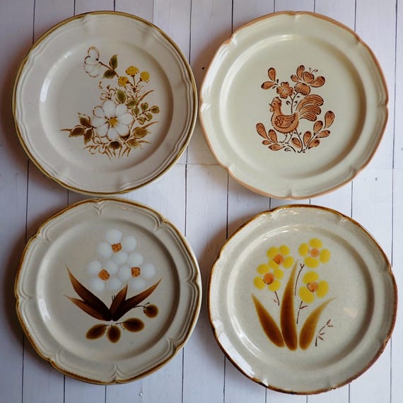 Vintage Mismatched Stoneware Salad Plate Set of 4 Mix and Match Plates Tan with Brown Yellow Green Flower Designs 1970s