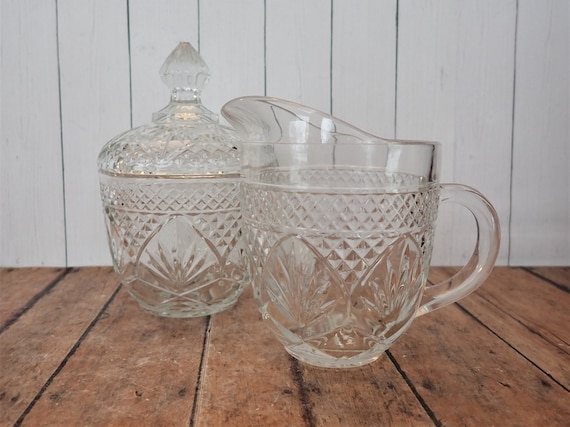 Vintage Cristal D'Arques-Durand Antique Clear Sugar Bowl and Creamer Set of 2 Floral Flower Lattice Design Luminarc Made in USA