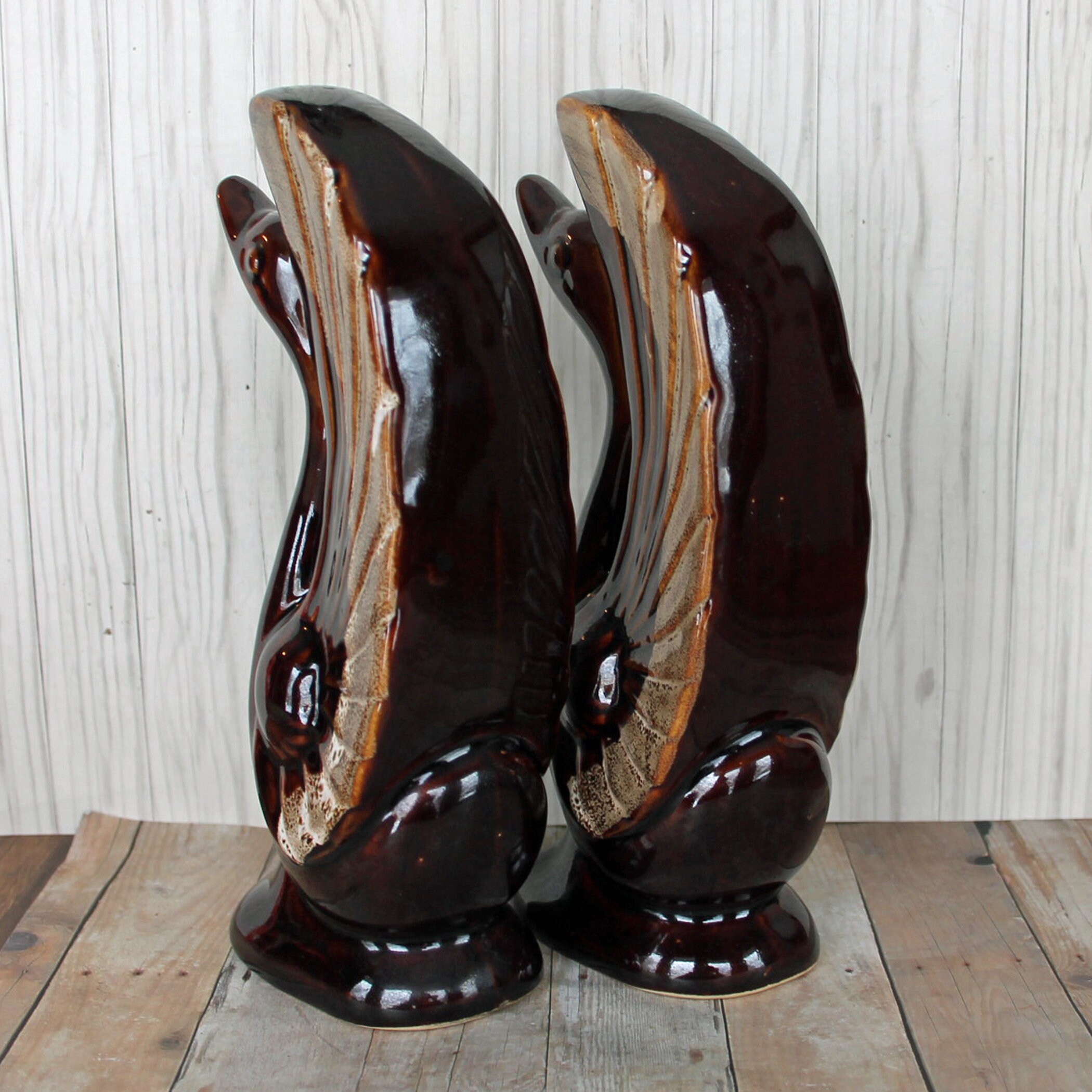 Vintage Ceramic Bird Swan Bookends Brown Drip Glaze Mid Century Modern Figurine Free Shipping