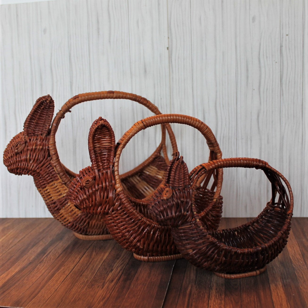 Vintage Woven Wicker Bunny Rabbit Baskets of 3 Graduated Sizes Small