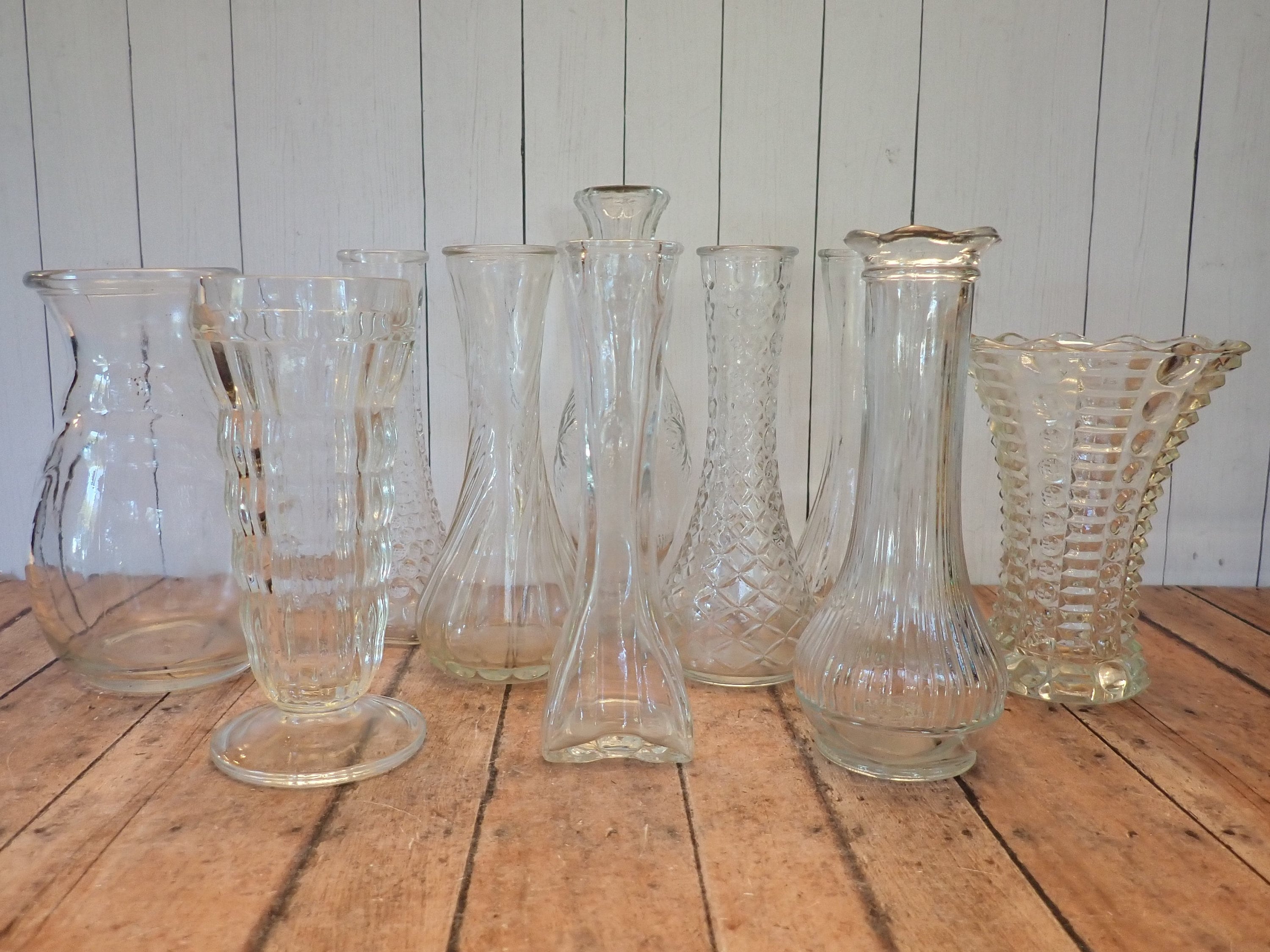 Vintage Clear Glass Bud Vase Set of 10 Vases All Different Patterns