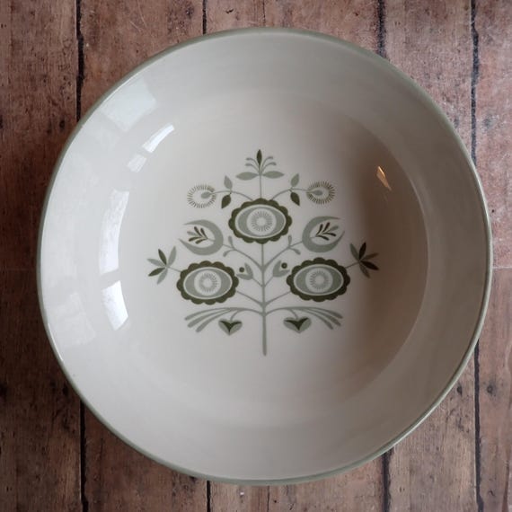 Vintage Franciscan HERITAGE Round Cereal Bowl Set of 3 White with Green Flower Leaf Design Mid Century Modern China 1960s