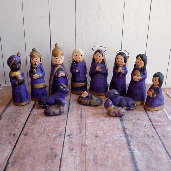 Vintage Tonala Mexican Pottery Nativity Set of 13 Stoneware Made in Mexico Christmas Joseph Mary Sheep Angel Wise Man Cow