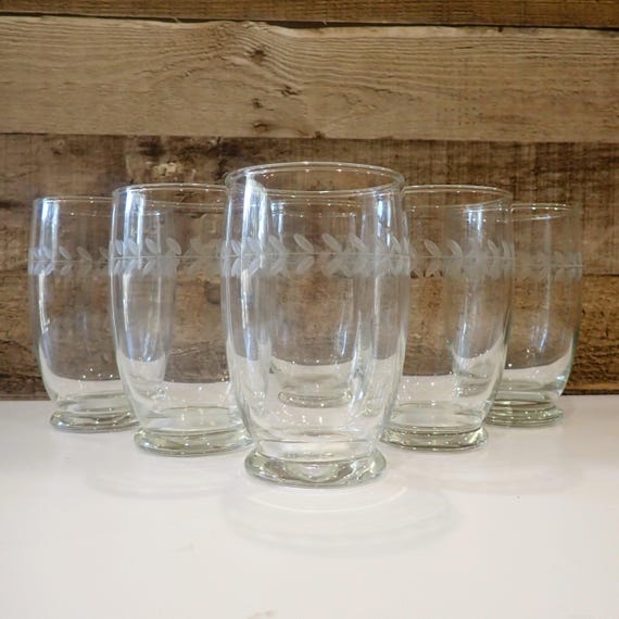 Vintage Anchor Hocking LAUREL Gray 12 oz. Tumbler Set of 6 Clear with Vine Leaf Design Pattern