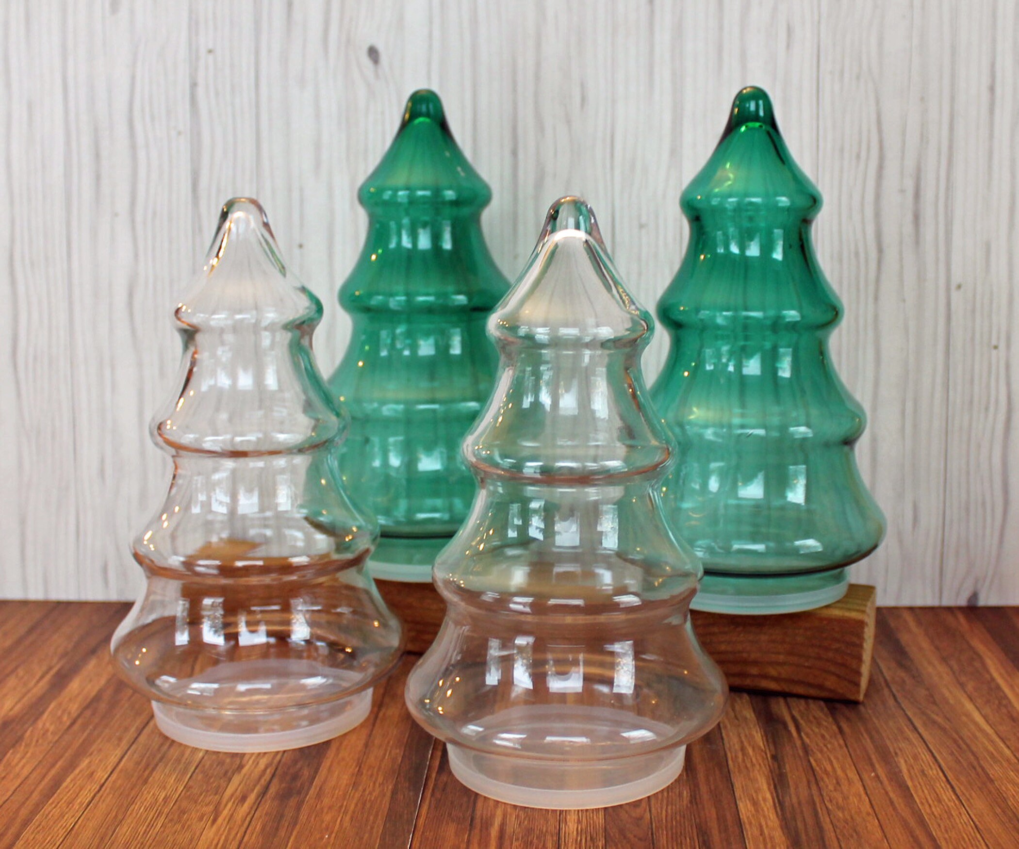 Vintage Clear and Green Glass Christmas Tree Canister Jar Container