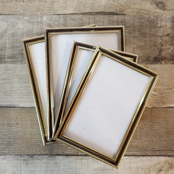 Vintage 5x7 and 4x6 Metal Gold Brass Colored Photo Picture Frame Set of 4 Frames All Same Pattern with Brown Band