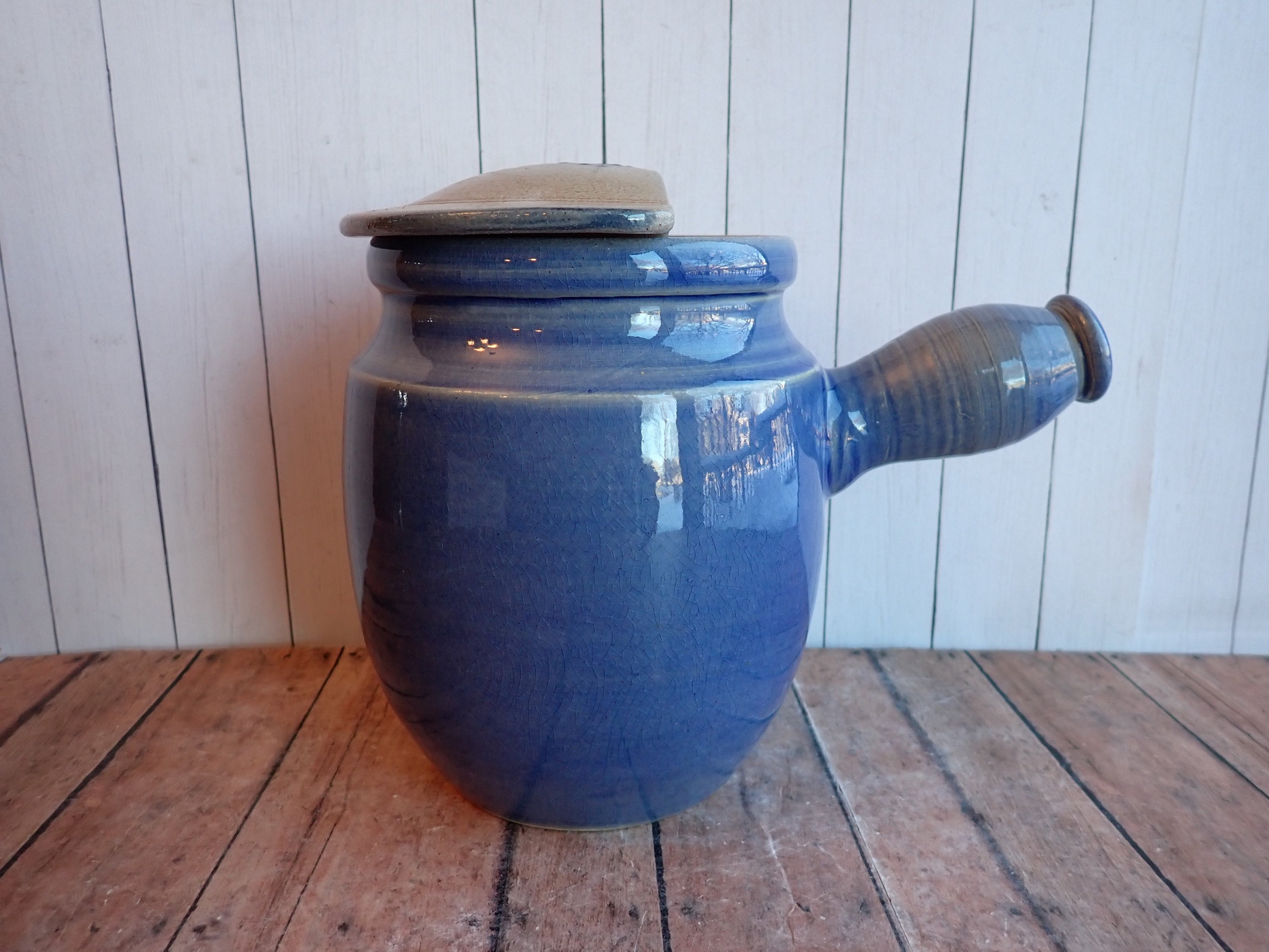 Vintage Rowe Pottery Works Blue Stoneware Jug with Handle and Lid Cache Pot