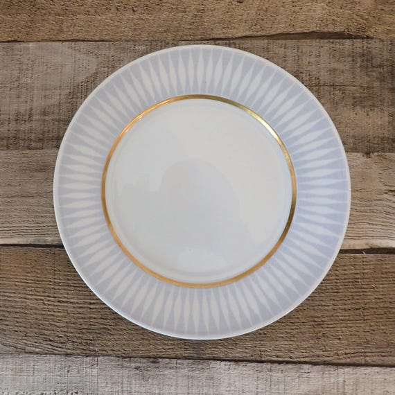 Vintage Porsgrund Norway 8" Ceramic Salad or Luncheon Plates Set of 2 White with Gray Geometric Line Design