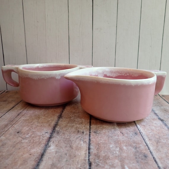 Vintage Pink Drip Stoneware Open Sugar Bowl Creamer Set of 2