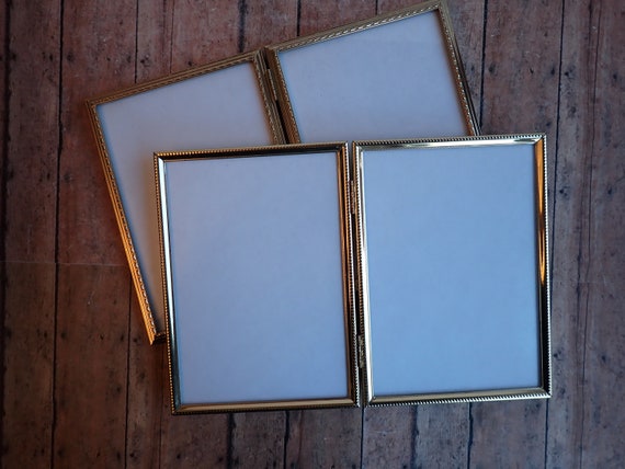 Vintage 5x7 Double Hinged Bi-Fold Metal Gold Brass Photo Picture Frame Set of 2 Frames 5" x 7" Bi Fold Frame