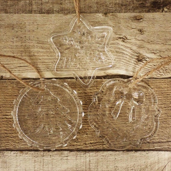 Vintage Clear Glass Christmas Ornament Set of 3 Tree Wreath and Snowflake Ornaments