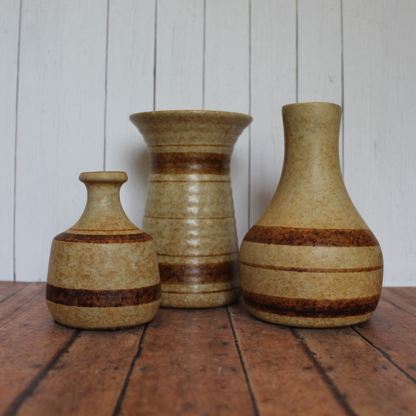 Vintage Pottery Craft USA Stoneware Vase Set of 3 Cream Yellow Tan