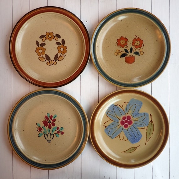 Vintage Mismatched Stoneware Salad Plate Set of 4 Mix and Match Plates Tan with Brown Orange Blue Flower Designs 1970s