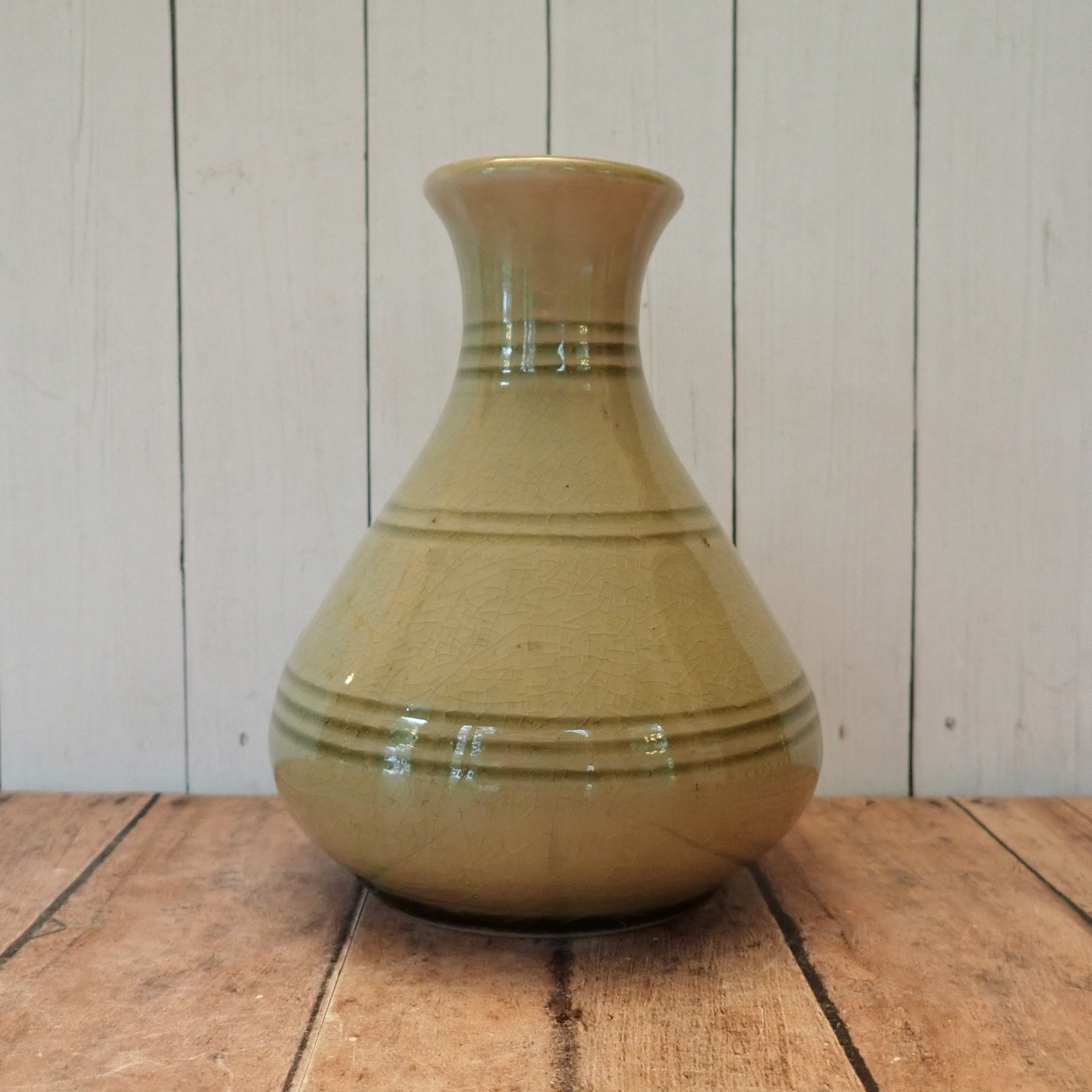 Vintage Siam Celadon Green Ceramic Vase with Striped Banded Design and Crackle Glaze