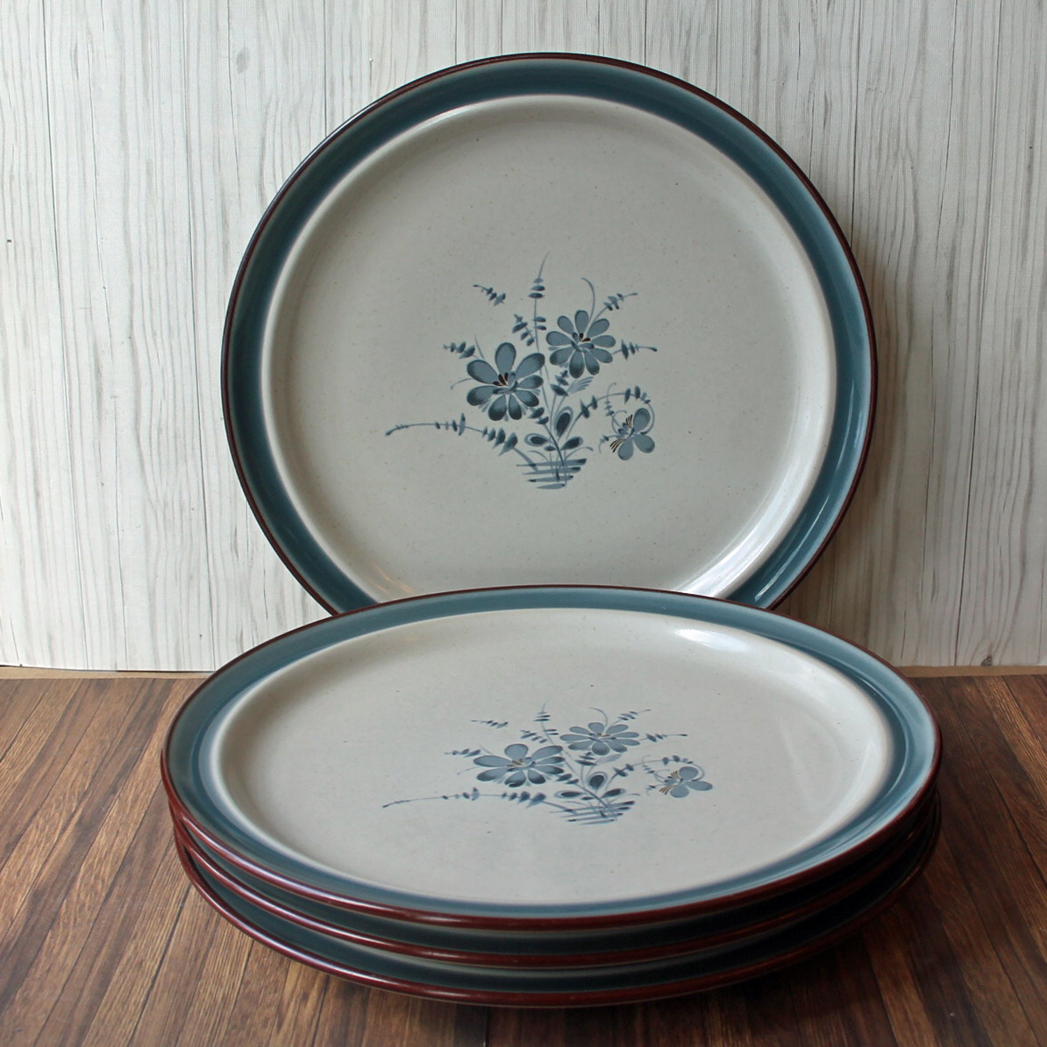 Vintage Noritake PLEASURE Stoneware Salad Plate Set of 4 Tan and Blue