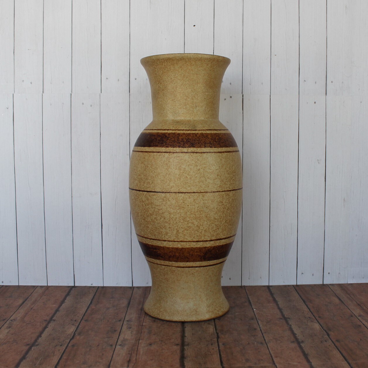 Vintage Pottery Craft USA Stoneware Large Vase Cream Yellow Tan Striped