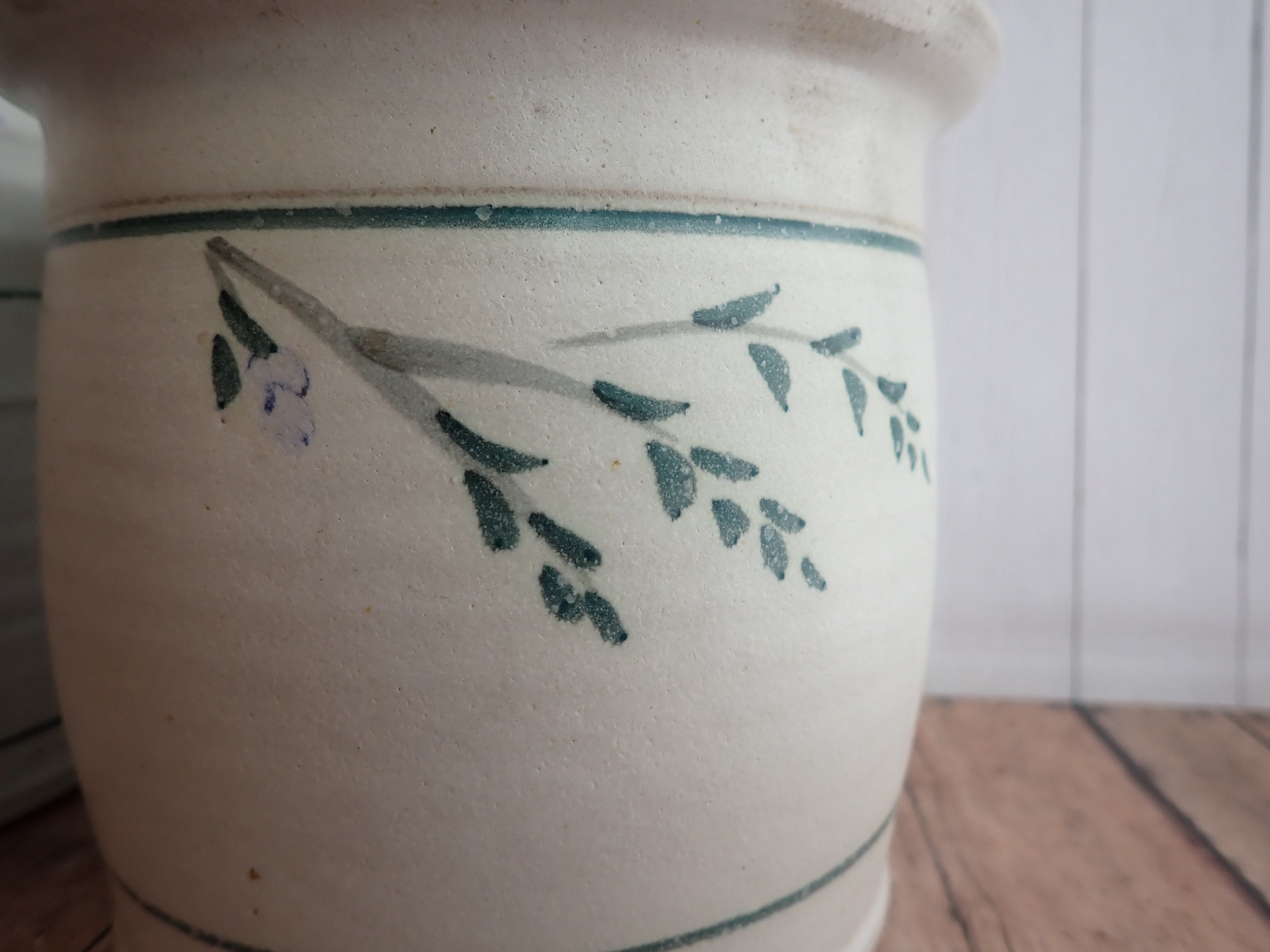 Vintage Pottery Canister Set of 2 Jars with Lids White Stoneware with