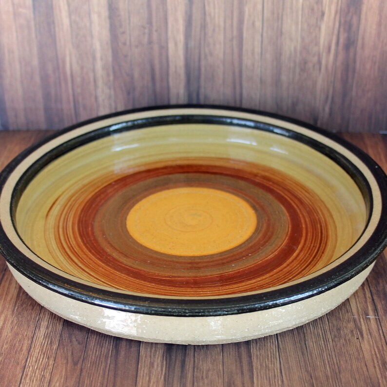Vintage BLOOMINGTON POTTERY Stoneware Plate Dish Tray Yellow Brown Orange Red Modern Swirl Design Indiana Free Shipping