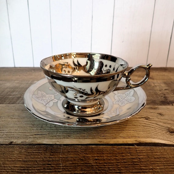 Vintage Norcrest Silver and White Floral Teacup and Saucer Mirror Finish Tea Cup with Flower Design