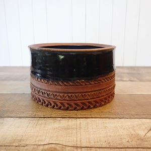 Vintage Blue Pottery Planter Flower Pot with Brown Etched Bands Hand Made Studio Pottery