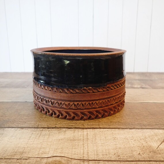Vintage Blue Pottery Planter Flower Pot with Brown Etched Bands Hand Made Studio Pottery