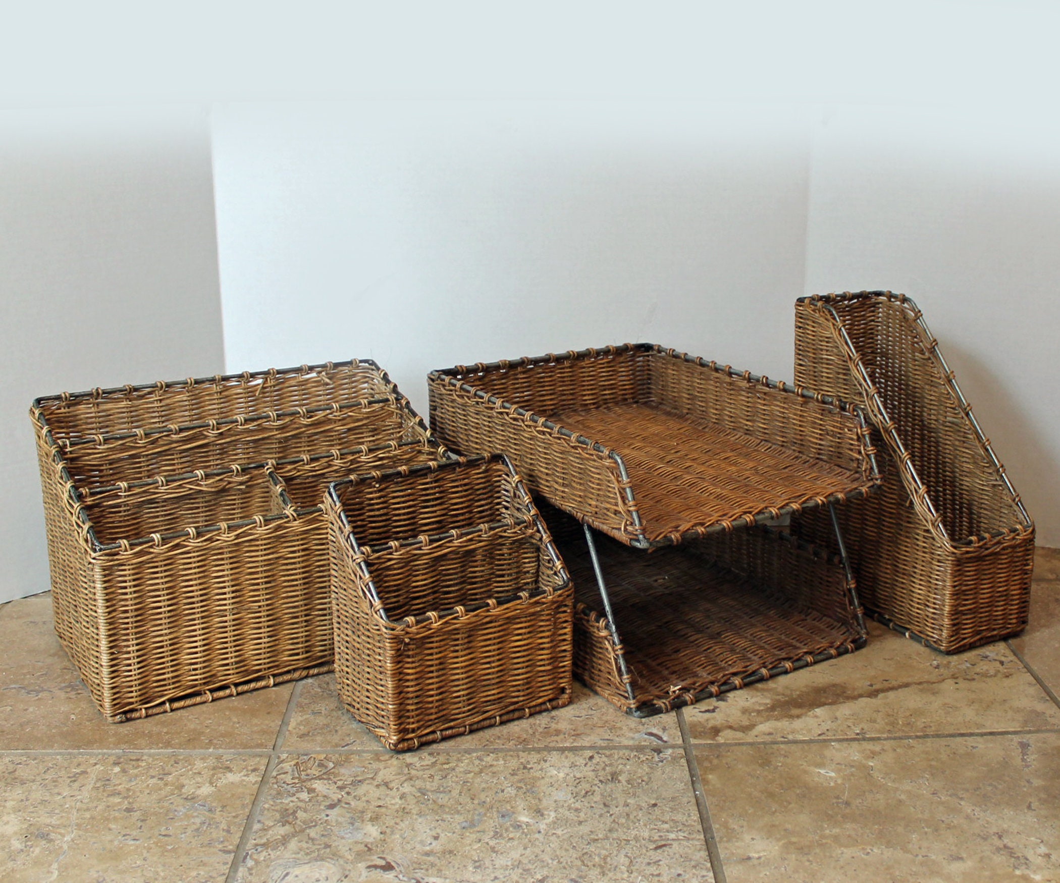 Vintage Wicker and Metal Desk Storage Organizers Set of 4 Office