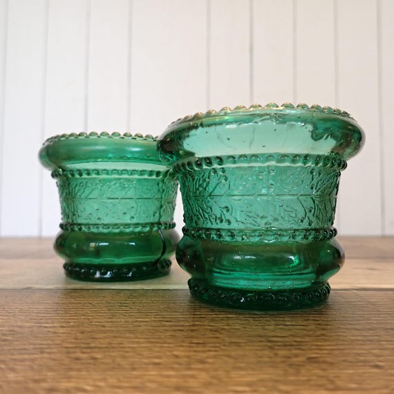 Vintage Christmas Emerald Green Votive Candle Holder Set of 2 with Holly Evergreen Design