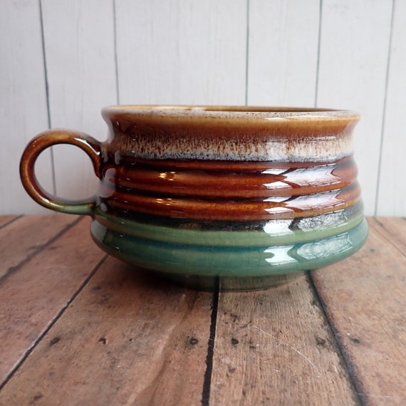Vintage Stoneware Soup Bowl Mug with Handle Brown Drip with Green Ribbed Banded Style Retro Taiwan