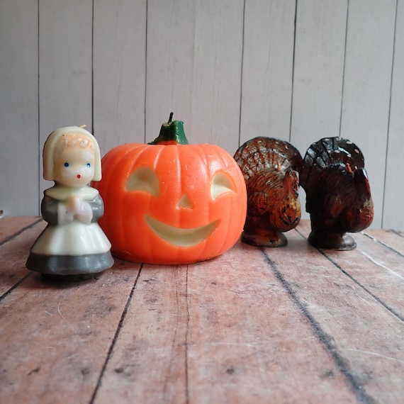 Vintage Gurley Thanksgiving Candle Set of 4 Pumpkin Turkey and Pilgrim Candles