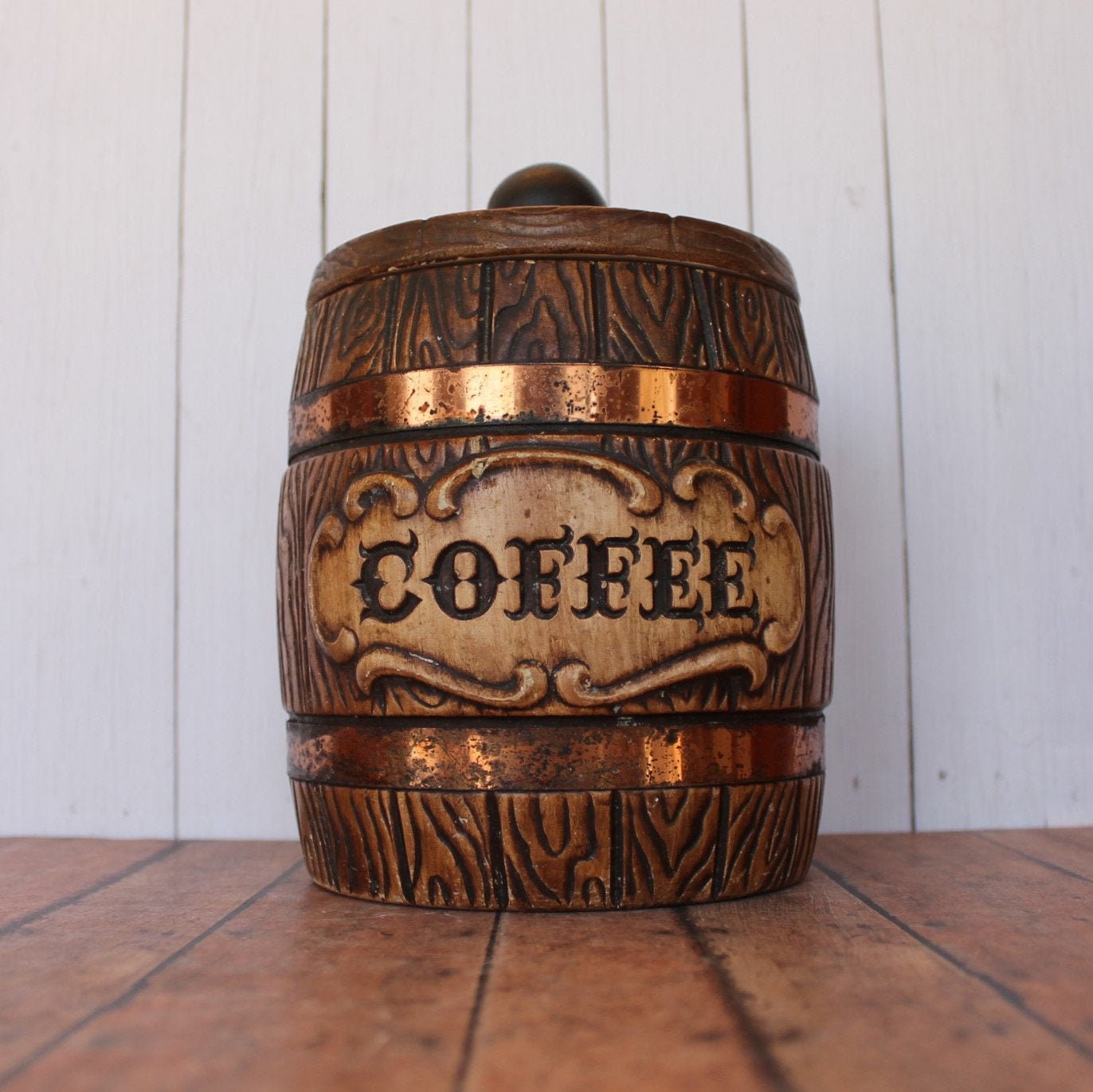 Vintage Treasure Craft Ceramic Coffee Canister with Lid Brown Faux Wood