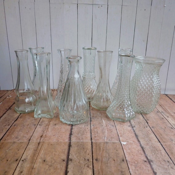 Vintage Clear Glass Bud Vase Set of 10 Vases All Different Patterns Wedding Vases
