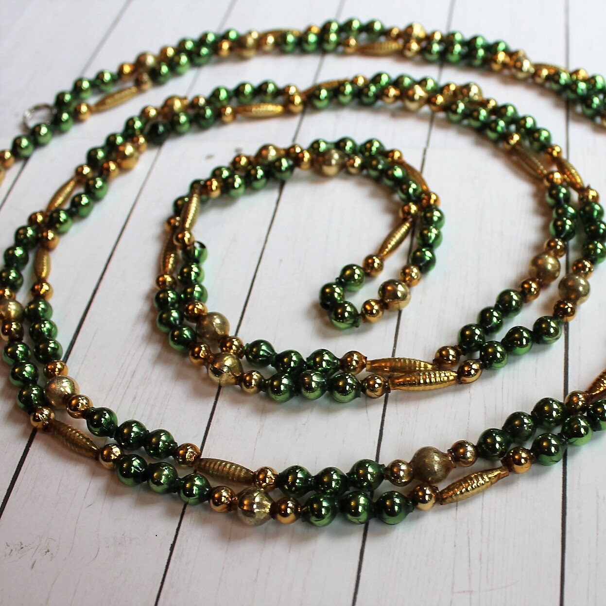 Vintage Mercury Glass Bead Garland 16' Beaded Mini Gold and Green