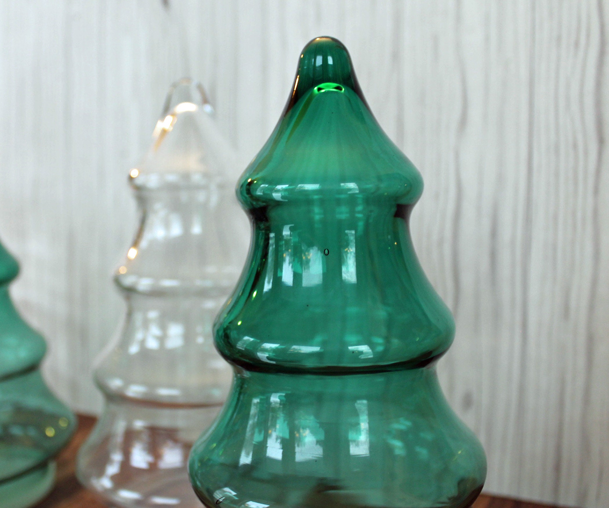 Vintage Clear and Green Glass Christmas Tree Canister Jar Container