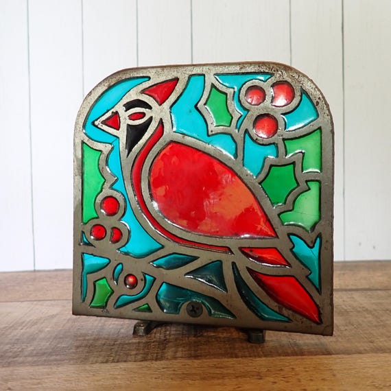Vintage Stained Glass Red Cardinal Bird Style Christmas Candle Holder with Green Holly Leaves