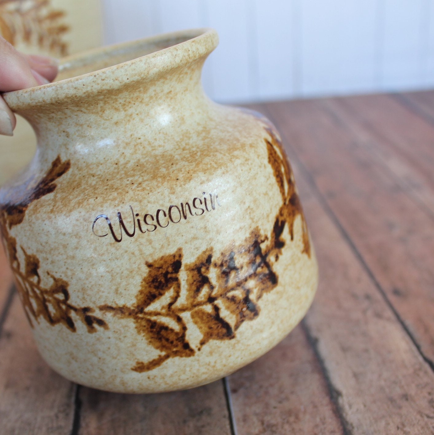 Vintage Pottery Craft USA Stoneware Vase Set of 2 Cream Yellow Tan Leaf
