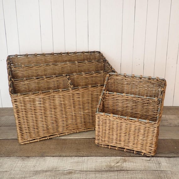 Vintage Wicker and Metal Desk Storage Organizer Set of 2 Office Organization File Holder Divided Bin