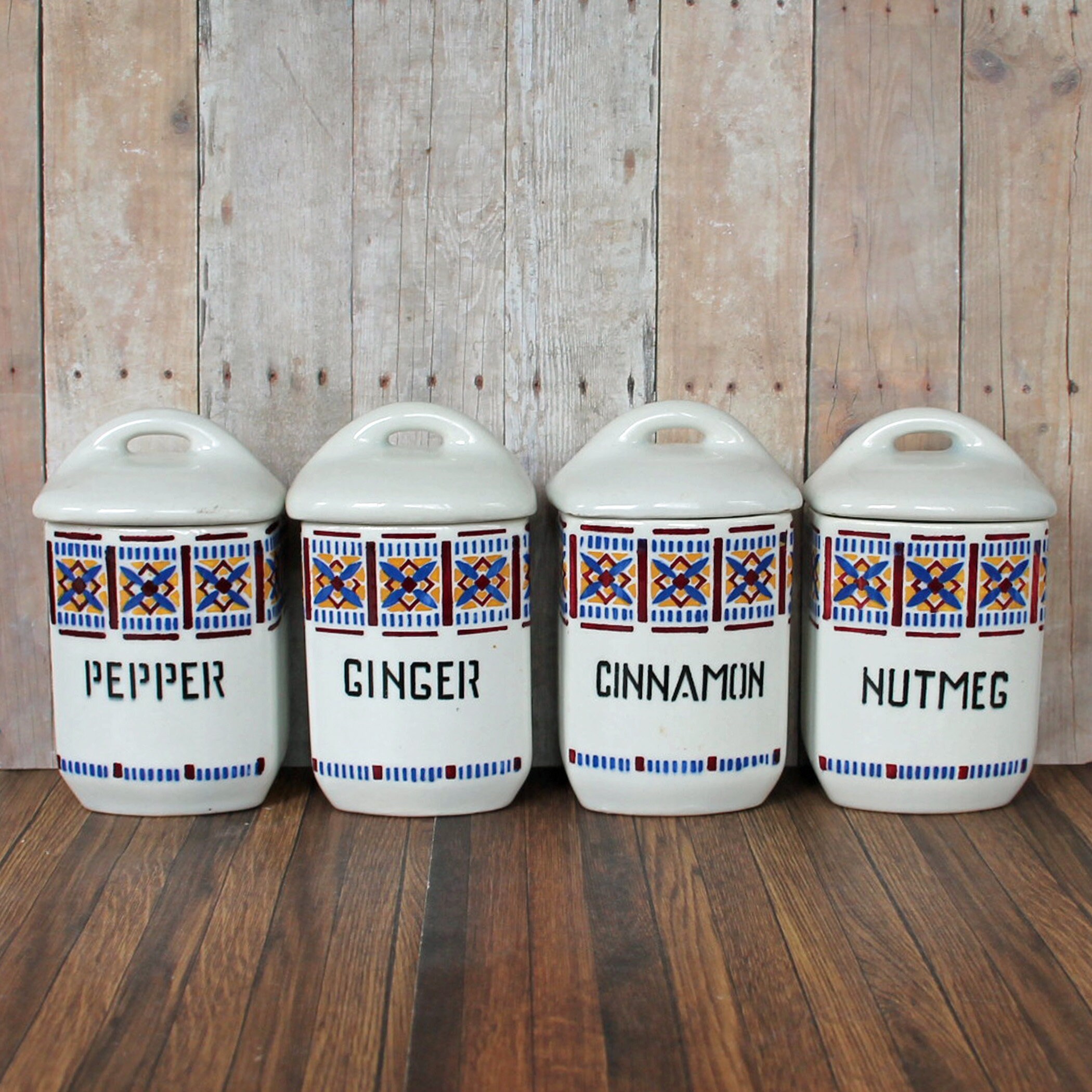 Antique Ceramic Spice Jars with Lids Set of 4 White Blue Nutmeg